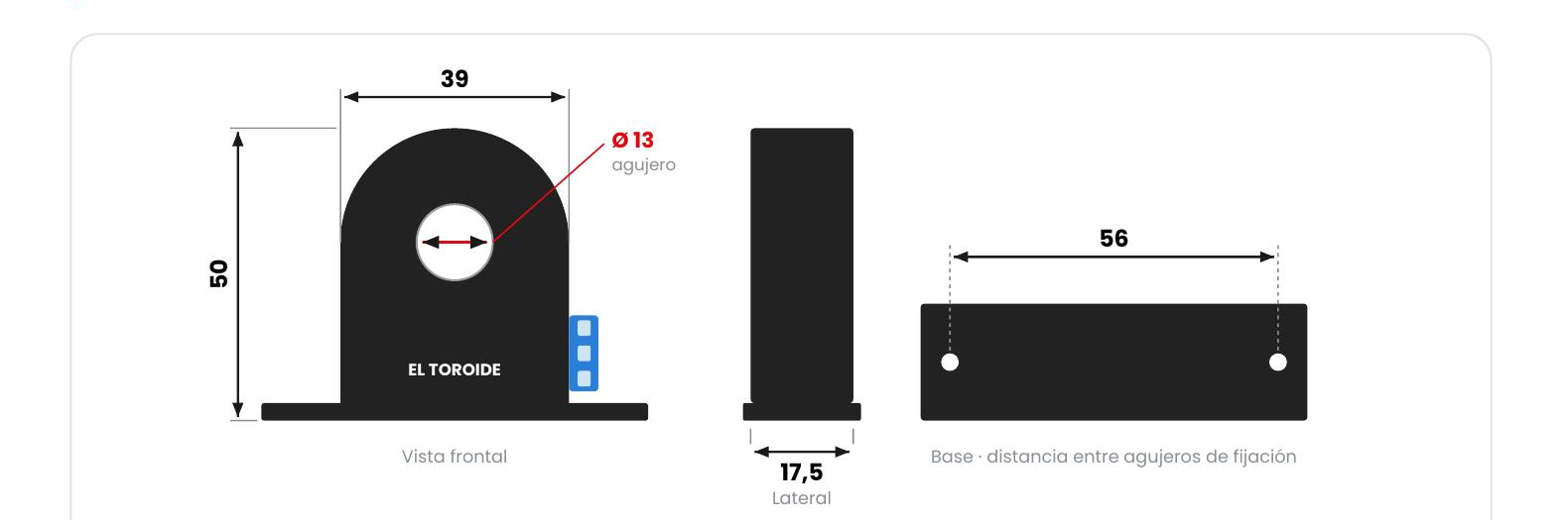 Plano de dimensiones del sensor de corriente RSEC-XXXA-10VDC-TRUE-RMS-D12 - El Toroide, 39x50x17,5mm, agujero 13mm